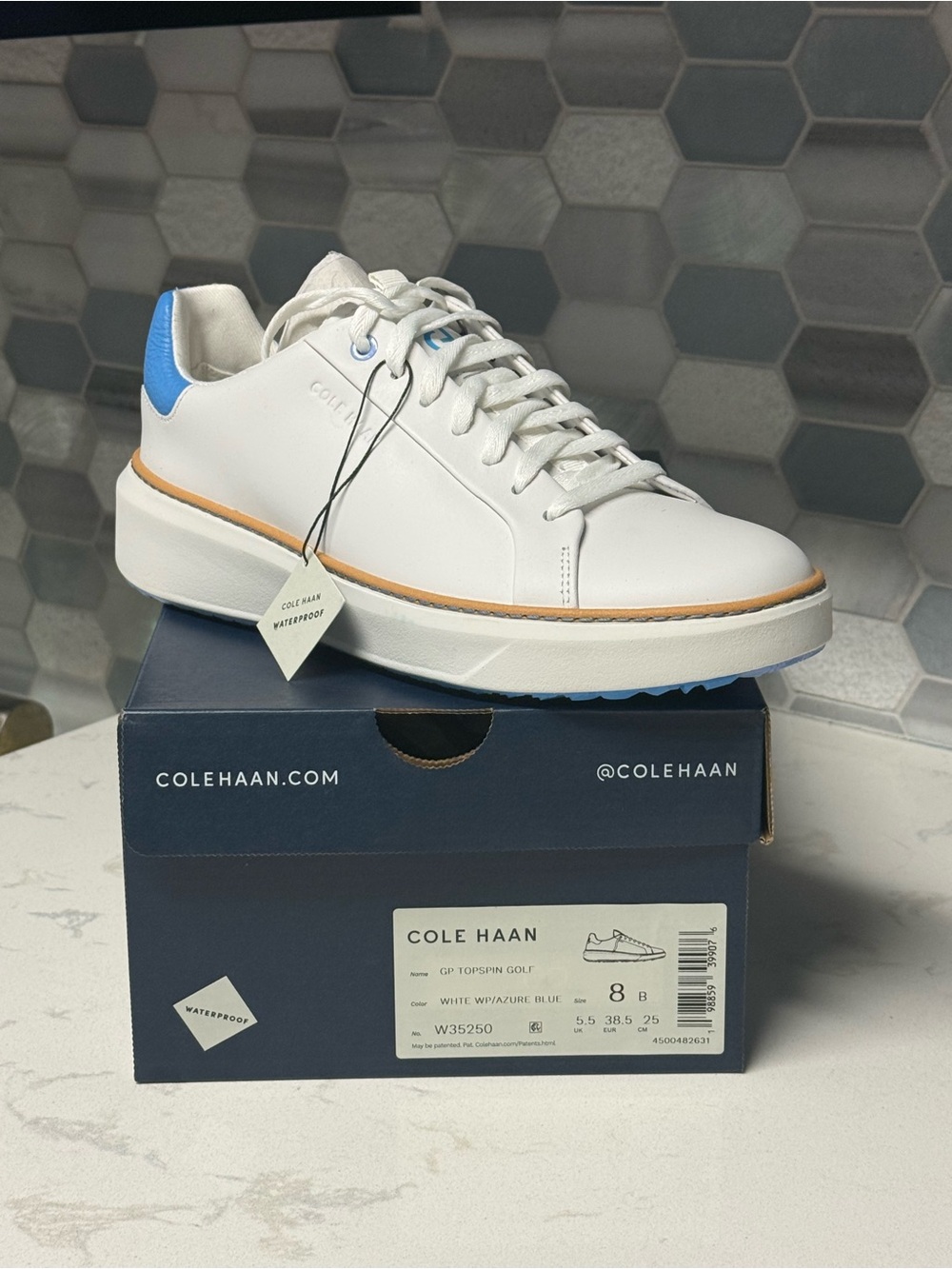 Cole Haan White Leather Sneakers with Blue Heel and Tan Midsole Trim